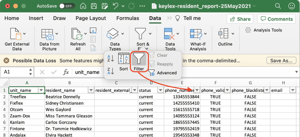 ServusConnect Resident Contact Report exported data filtering example